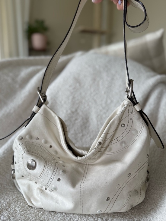 Coach Handbags - Y2K Vintage Coach Studded Embossed Leather Duffle Hobo Shoulder Bag Ivory F16178